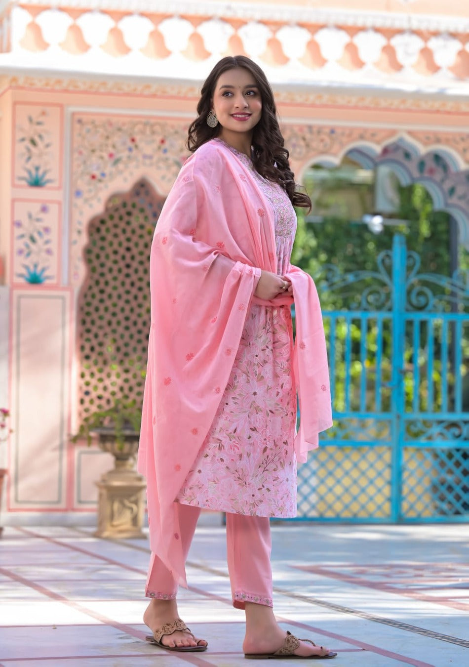 Baby Pink Floral Kurta Pant Set  with Dupatta