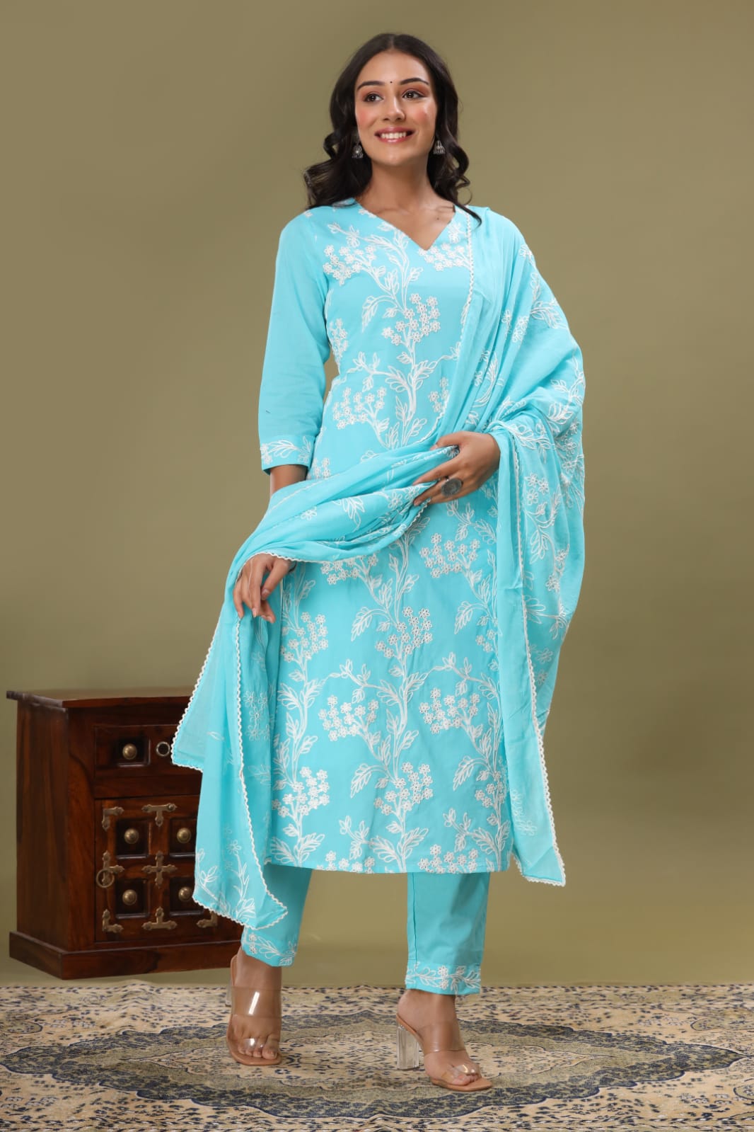 Light Blue White Embroidered Floral Salwar Suit